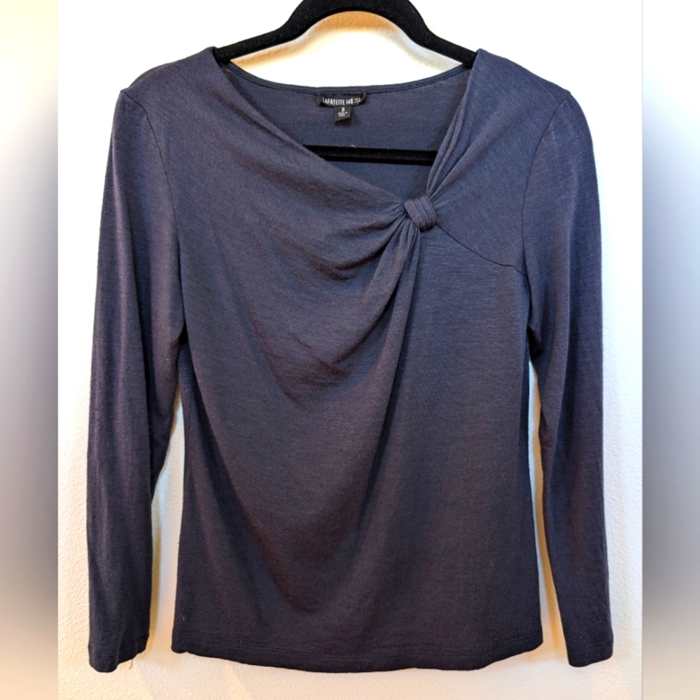 Lafayette 148 navy blue knit long sleeve blouse top size small